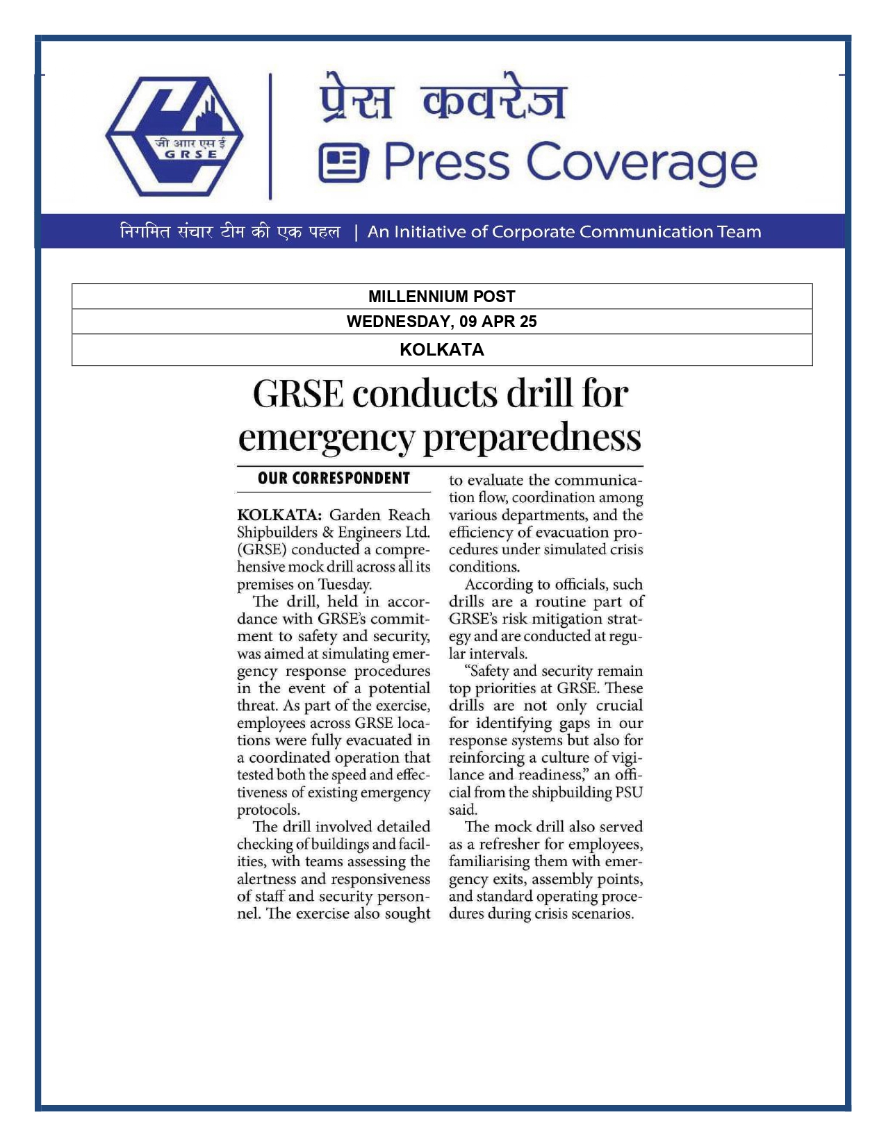 Press Coverage : GRSE records 32% YoY growth in the FY25